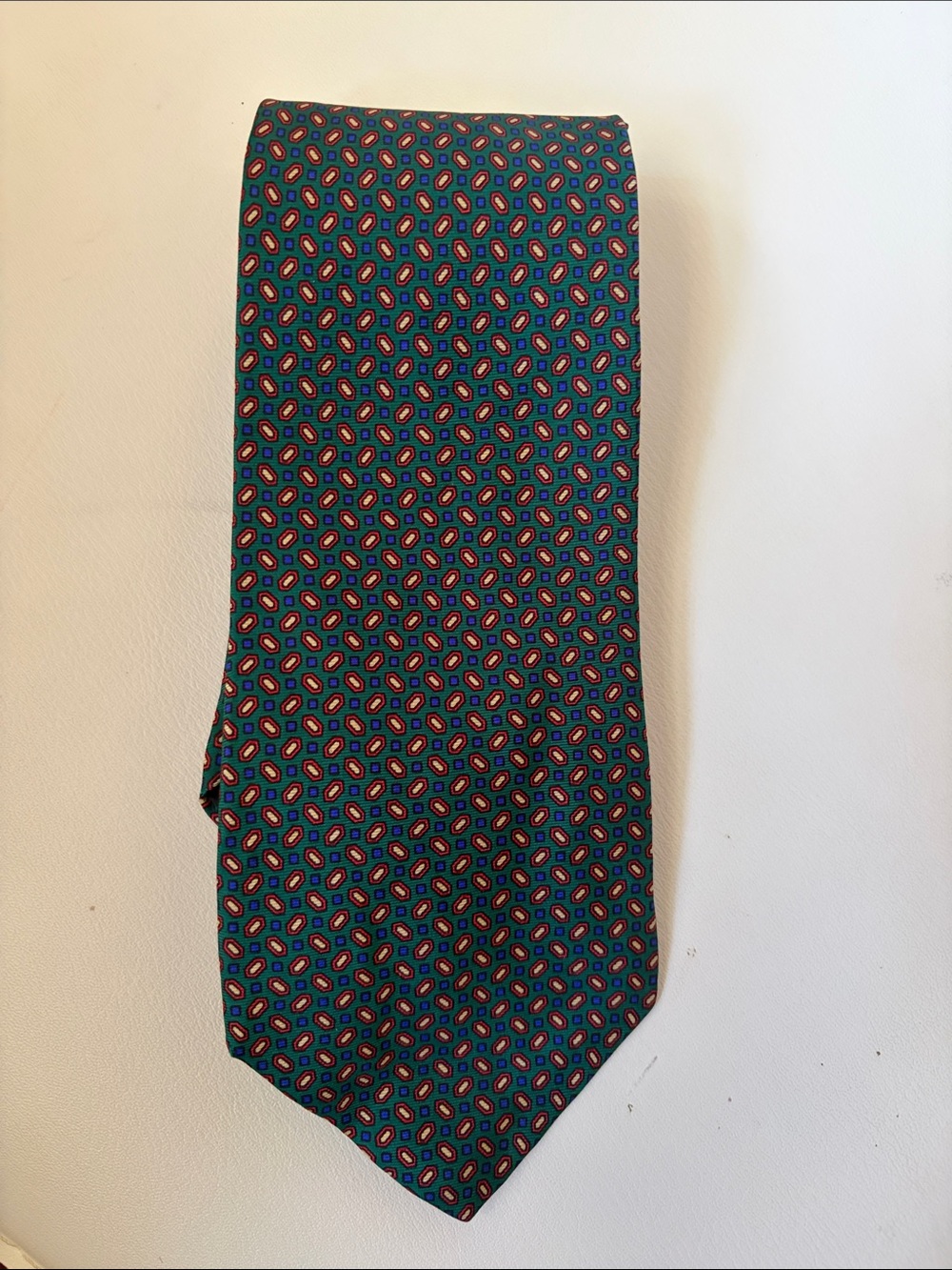 Fendi Teal Silk Tie with Blue and Red Geo Motif